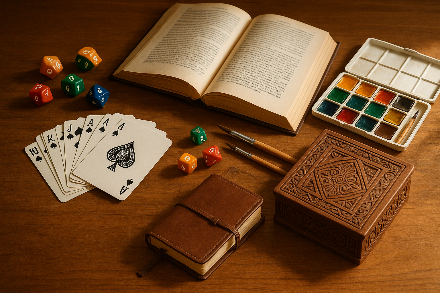 Card deck, book, water color set, dice, journal, wooden puzzle box on a desk